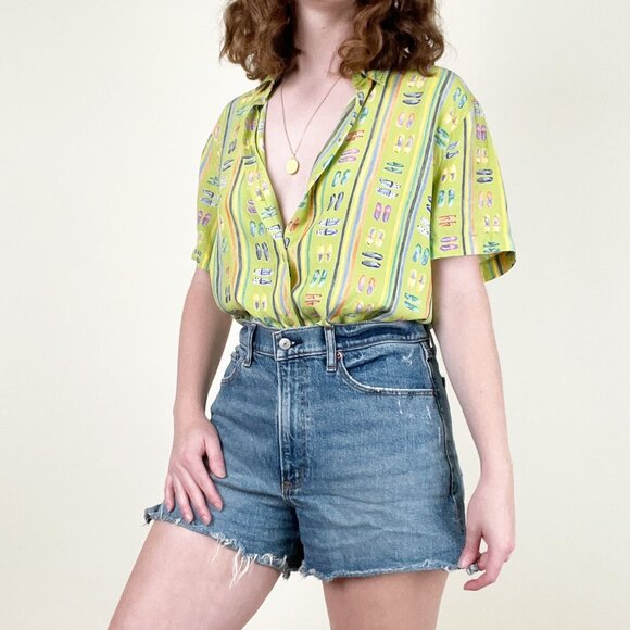 Vintage Novelty Shoe Print Button Up Blouse Oversized Top Hawaiian Shirt 90s Y2K - Picture 4 of 7